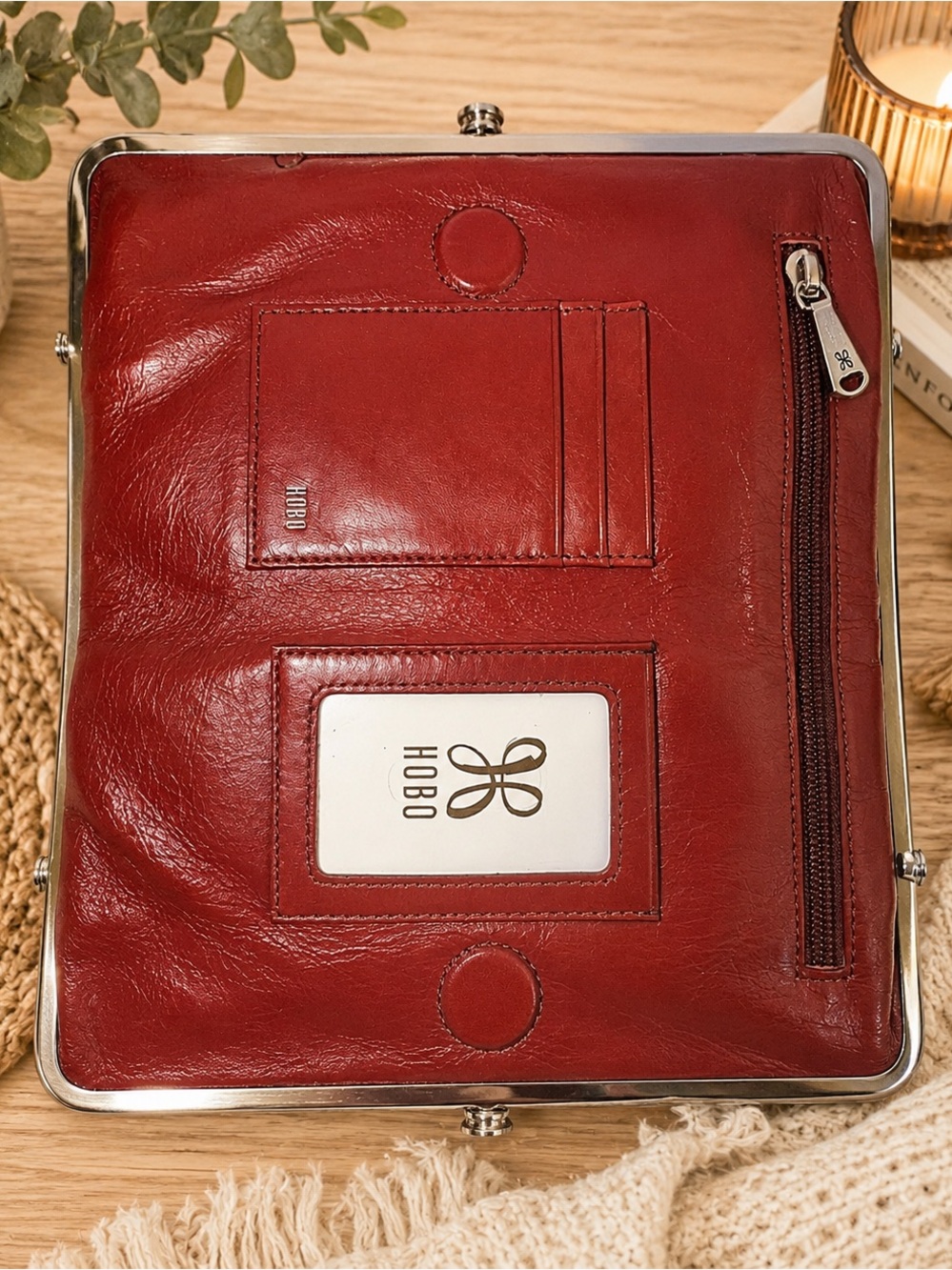 ❤️ HOBO International Brick Red Leather Lauren Double Frame Clutch Wallet